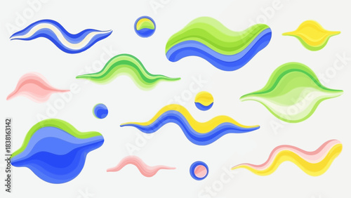 Playful assortment of organic liquid shapes in vibrant hues on plain backdrop illustration