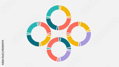 Stylized donut charts in vibrant colors arranged in symmetrical abstract composition visually