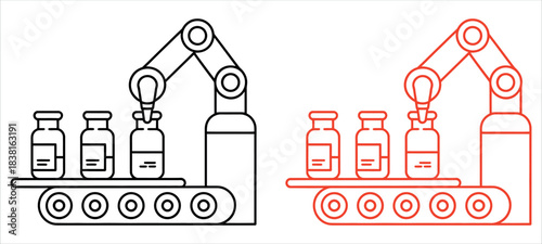 Stunning robotic arm precisely filling small medicine vials on a modern automated production line.