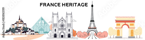 Flat Vector France Landmarks Set, Eiffel Tower, Notre-Dame, Arc de Triomphe, Louvre Pyramid, Mont Saint-Michel, Minimal Design on White Background