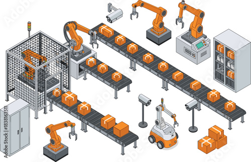 Automated Industrial Facility with Robotic Arms, Conveyor Belts, Surveillance, Mobile Robots, and Package Sorting in Modern Logistics Environment