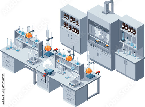 Isometric Chemistry Lab Illustration Featuring Flasks, Beakers, Fume Hood, Digital Scales, Reagents, Orange Liquids, and Scientific Experiment Setup