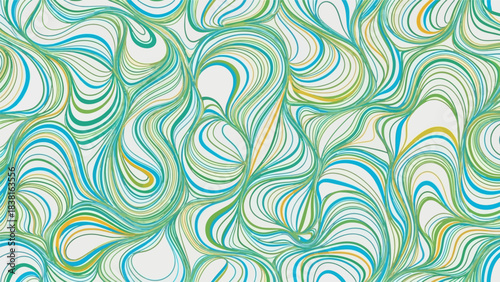 Intricate swirling line pattern with teal, green and yellow hues creates a vibrant abstract design