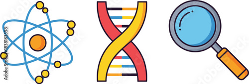 Scientific Icons Featuring Atom Structure, DNA Double Helix, and Magnifying Glass Symbolizing Physics, Genetics, and Observation in Stylized Format