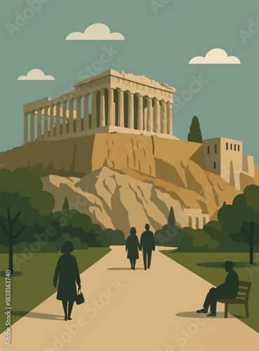 Ancient acropolis hill in athens greece travel poster illustration