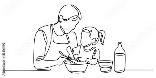 Continuous line drawing of a parent and child baking, mixing ingredients in a bowl, illustrating family bonding, teaching, and shared activity. Vector, illustration
