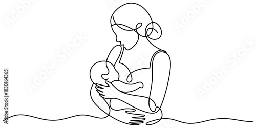 Continuous line art drawing of a mother lovingly holding and breastfeeding her newborn baby, symbolizing maternal care, love, and bonding. Vector, illustration