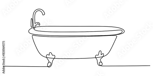 Continuous line drawing of a modern clawfoot bathtub with a faucet, minimalist bathroom design element on a clean white background. Vector, illustration