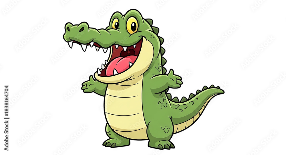 Fototapeta premium Happy cartoon alligator mascot with wide open mouth and welcoming arms pose
