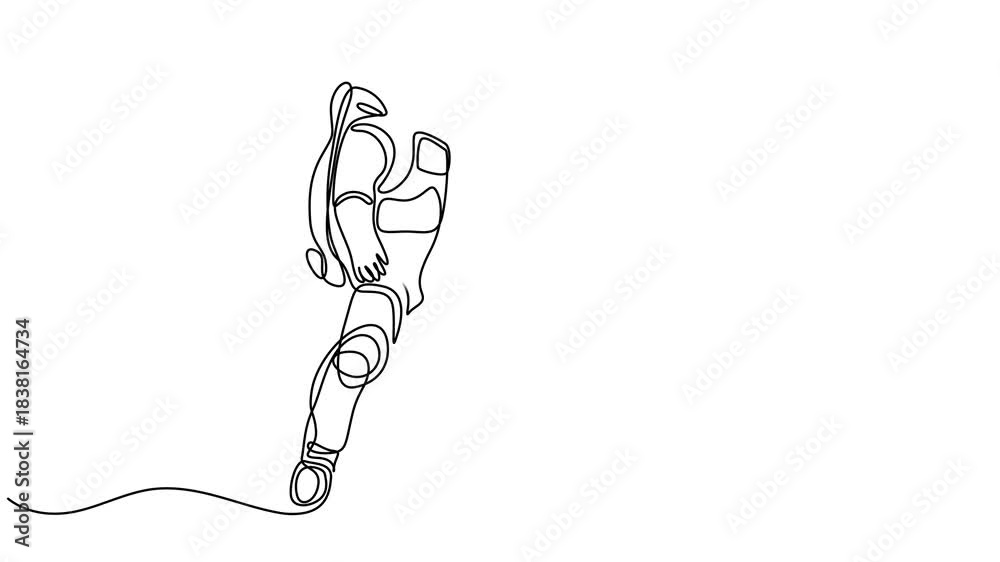 Animation of one line drawing of young astronaut in spacesuit flying at ...