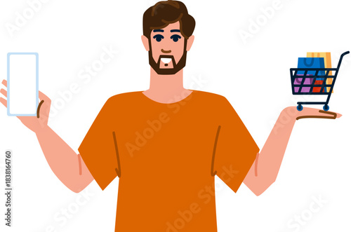 Man balancing smartphone with online shopping cart