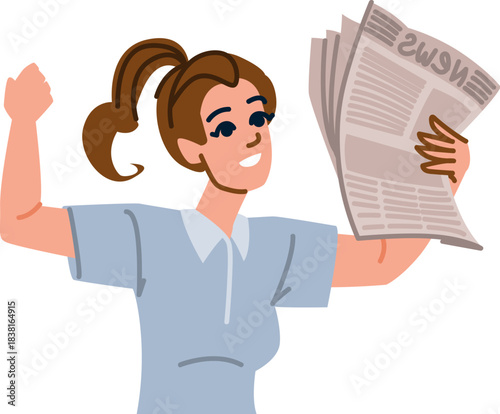 Woman celebrating good news reading newspaper