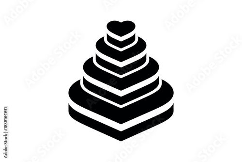 A stylized black and white icon of a tiered cake with heart shapes.