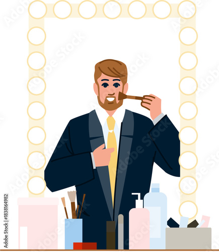 Man applying makeup in dressing room mirror