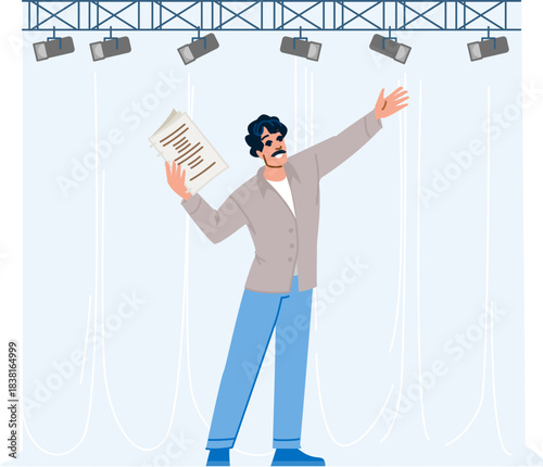 Man actor performing monologue on theater stage for audience