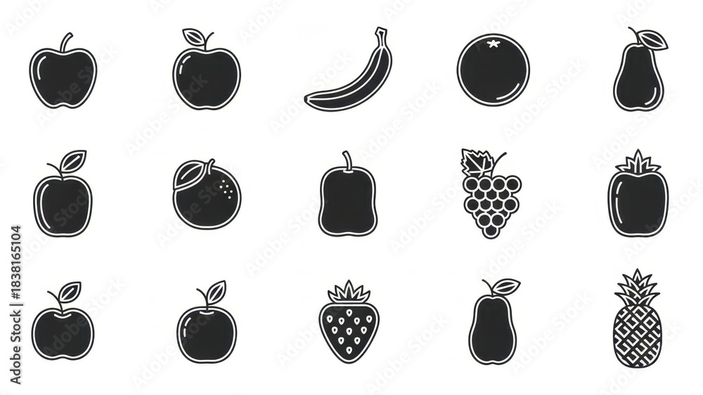 Minimalist monochrome fruit icons pattern featuring diverse fresh and healthy fruit illustration