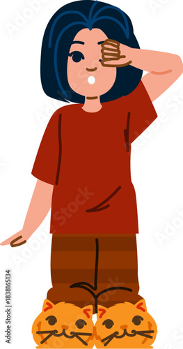 Tired girl rubbing eye wearing cat slippers