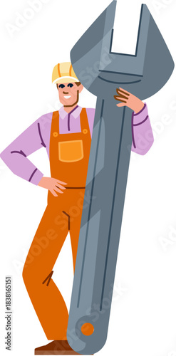 Worker cartoon character holding giant wrench