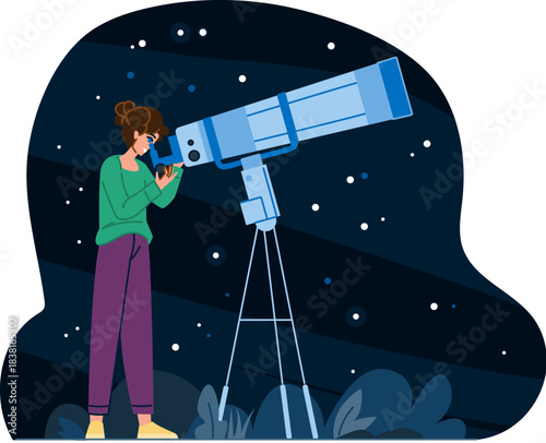 Woman observing night sky with astronomical telescope