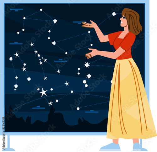 Woman teacher explaining astronomy constellations on presentation board