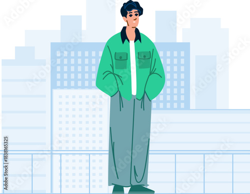 Urban casual man standing in flat city landscape