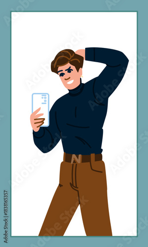 Young man taking selfie in mirror feeling confident