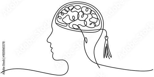 Line art of head profile, brain of complex lines, academic tassel; represents learning, intellect, education, knowledge, thought processes. Vector, illustration
