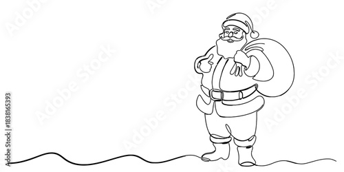 Continuous line drawing of santa claus carrying a gift sack and giving a thumbs-up gesture, perfect for holiday designs and cards. Vector, illustration