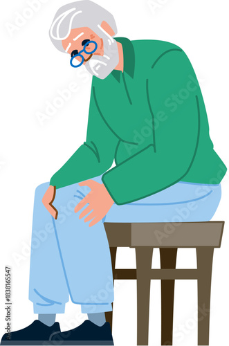 Elderly man feeling knee pain sitting on stool