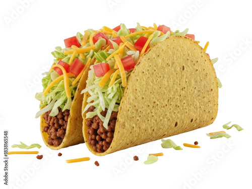 Isolated crunchy taco with meat, lettuce, shredded cheddar cheese, and diced tomatoes snack