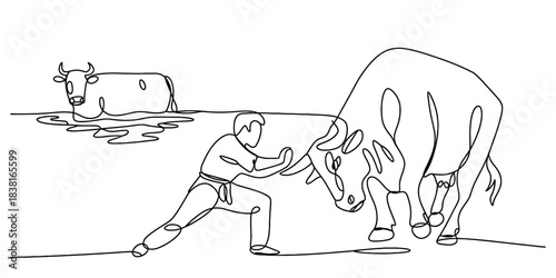 Single line drawing depicting a man confronting a bull, symbolizing strength, challenge, and determination. another bull rests in water. Vector, illustration