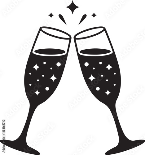 Two black champagne glasses clinking with bubbles and stars