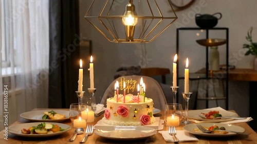 Birthday Celebration with Cake and Candles on a Dining Table.