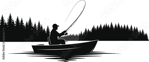 Angler casting fishing rod from boat on calm lake water silhouette vector illustration, serene nature scene with pine forest woods background for outdoor recreation design.