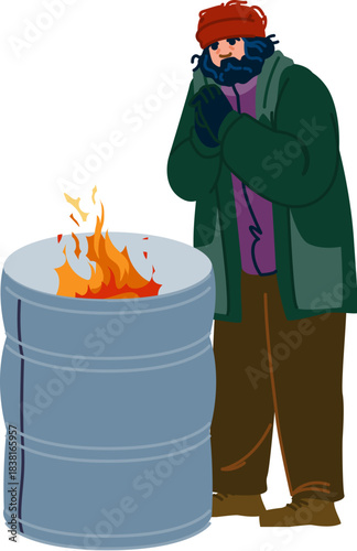 Homeless man warming hands by barrel fire