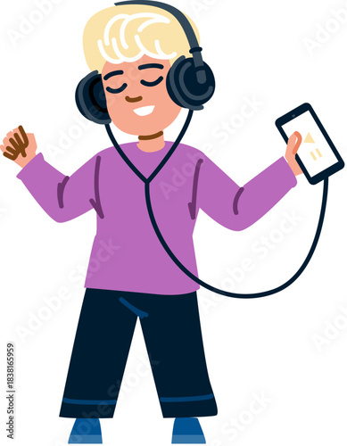 Blond boy listening music on smartphone with headphones