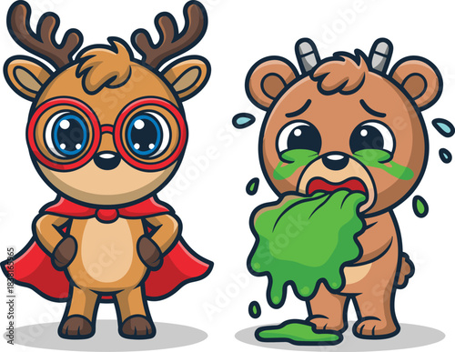 Cute Superhero Reindeer and Vomiting Sick Bear Cartoon