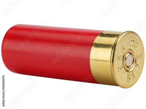 Foto Isolated red shotgun shell lying flat, ammunition for defense, combat, or huntin