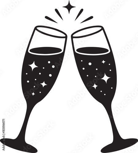 Two champagne glasses clinking with stars and bubbles