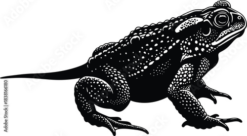 Black and White Monochrome Vector Illustration of a Toad with Tail, Featuring Detailed Warty Skin Texture and Amphibian Anatomy, Isolated on White Background.