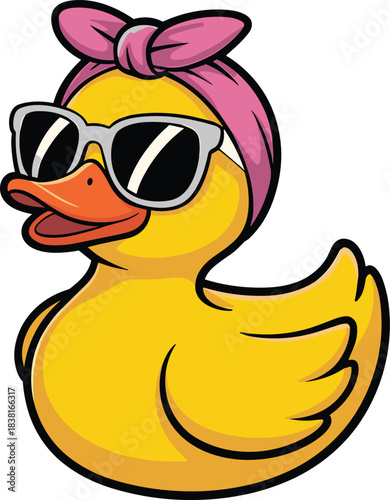 Bild auf Leinwand Cool Yellow Rubber Duck Mascot with Sunglasses and Bandana