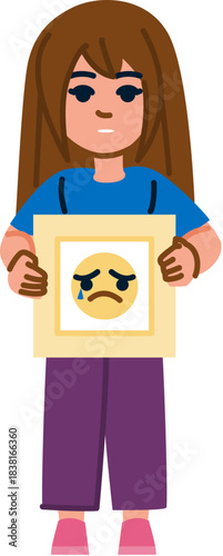 Girl holding sign showing sad crying emoji face