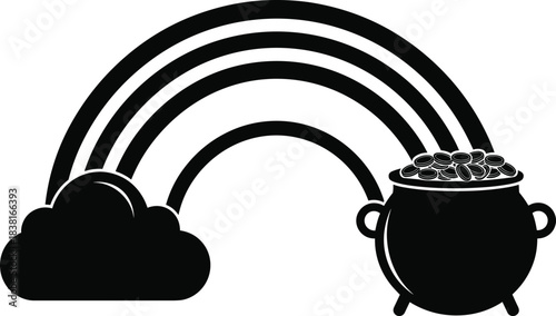 Black and White Rainbow Arching Over a Pot of Gold Silhouette Vector Illustration, Symbolizing Luck, Wealth, Fantasy, St. Patrick's Day Magic and Irish Folklore Treasure at the Cloud End.