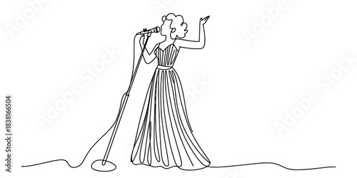 Continuous line art of a female singer performing live with a microphone. elegant woman vocalist on stage in a long flowing dress. Vector, illustration
