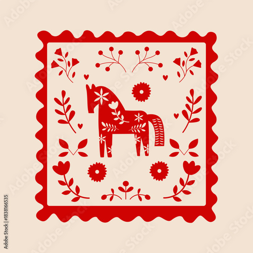Folk-style postage stamp Horse surrounded by flowers Vector illustration folk art Christmas poster