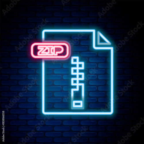 Glowing neon line ZIP file document. Download zip button icon isolated on brick wall background. ZIP file symbol. Colorful outline concept. Vector