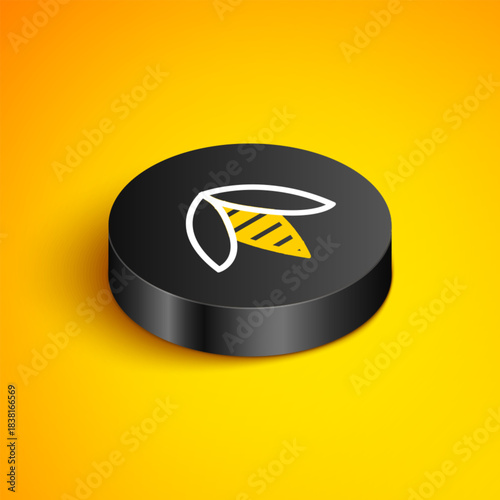 Isometric line Bee icon isolated on yellow background. Sweet natural food. Honeybee or apis with wings symbol. Flying insect. Black circle button. Vector