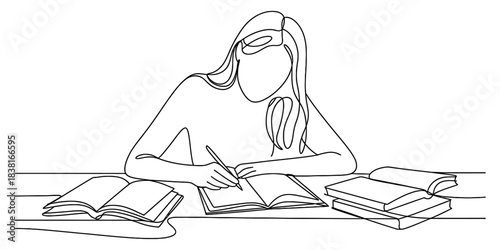 A continuous line drawing of a person studying, surrounded by books and actively writing, symbolizing education, learning, and knowledge acquisition. Vector, illustration
