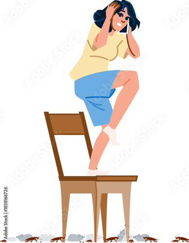 Woman scared by mice and rats standing on chair