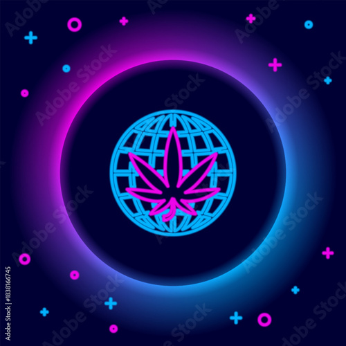 Glowing neon line Legalize marijuana or cannabis globe symbol icon isolated on black background. Hemp symbol. Colorful outline concept. Vector